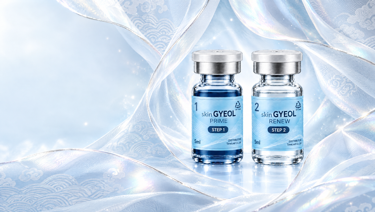 skin GYEOL PRIME and RENEW vials on royal silk